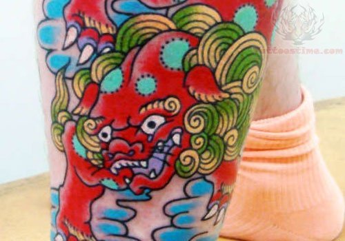 Foo Dog Color Ink Tattoo On Leg